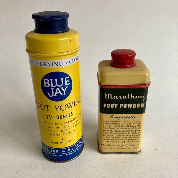 Vintage Foot Powder Tins- Marathon Fungistatic & Blue Jay Bottles - Picture 1 of 6